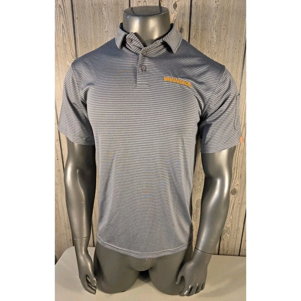 Whataburger Polo Shirt Mens Medium Gray Stripe Uniform Work Logo Embroidered